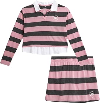 AEROPOSTALE Girls 2-Piece Long Sleeve Rugby Polo Top & Scooter Skort 7-12 | Sporty Stripes, Built-In Shorts for Carefree Coverage, Comfy Mix-and-Match Style, Perfect for Back-to-School Days