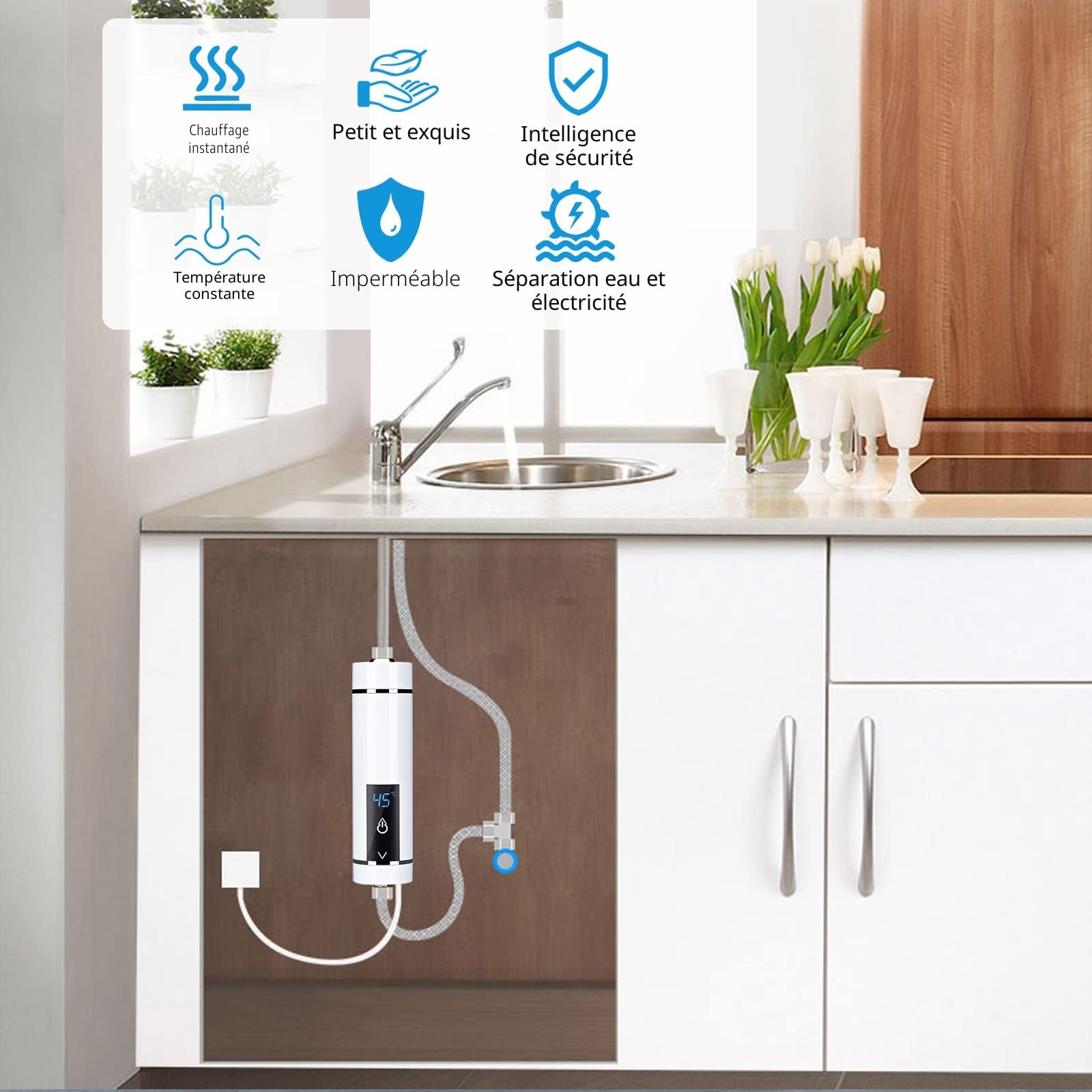 Mini Chauffe-Eau Instantané Électronique, Btstil Chauffe-Eau Instantané 3.5kW Chauffe-Eau Douche pour Salle de Bains Cuisine [Classe énergétique A]