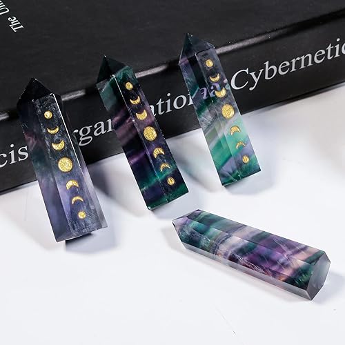 Miniatura 2 de Rockcloud Punto de cristal grabado en fase lunar, piedra hexagonal de bolsillo para meditación Reiki, decoración del hogar, fluorita