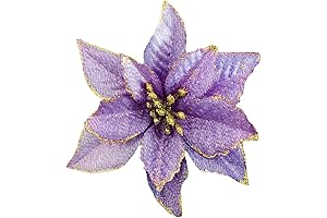 KEPATO 12-Pack Purple Christmas Glitter Poinsettia Tree Ornaments Set