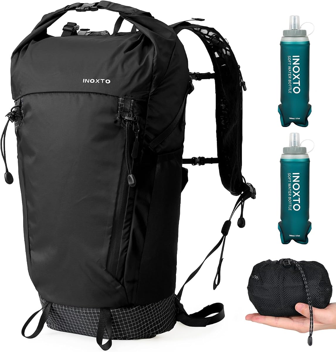 Mochila de senderismo Mochila de viaje plegable ultraligera de 15 L/22 L Mochila pequeña impermeable plegable para exteriores con dos frascos blandos de 500 ml para hombres y mujeres (negro)