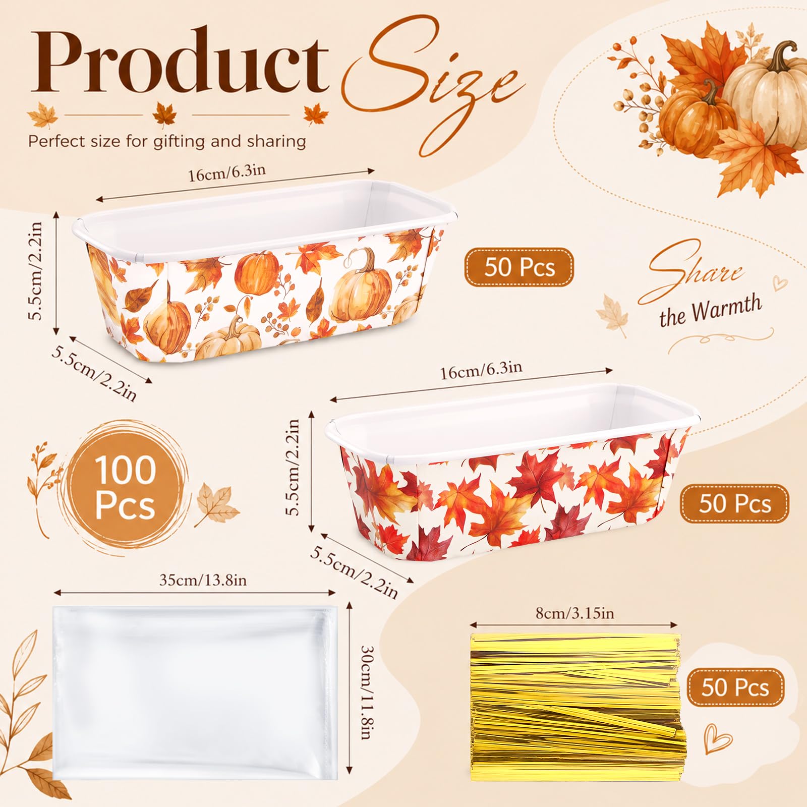 Honeydak Mini-Kastenformen, Einweg-Papier-Brottabletts mit Kunststofftüten und goldfarbenen Bindebändern, Erntedankfest, Brotbeutel für Herbst, Backen, Geschenkverpackung, Partyzubehör, 100 Sets