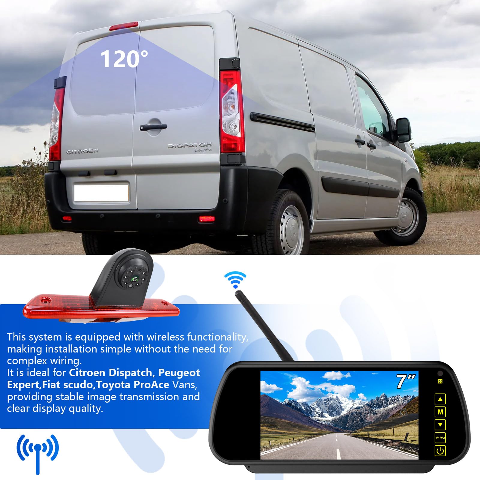 Kit de moniteur de caméra de recul sans fil Full HD 1080p pour Citroën Jumpy Fiat Scudo Vans (2007-2016) Toyota ProAce 2013-2016 (support # 12)