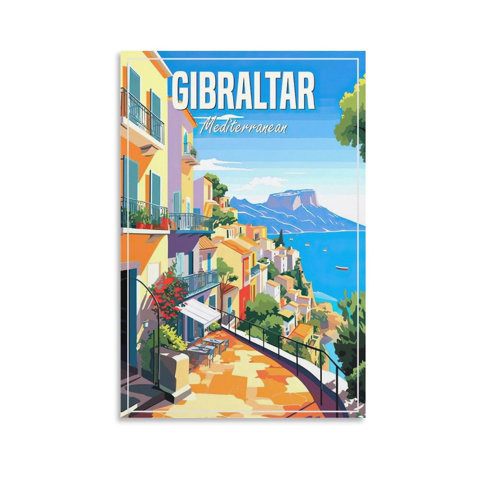 Fbaoda Unframe-Style Gibraltar Mediterranean Posters Vitger Travel Poster Canvas Art Wall Room House Decor Bedroom Office Posters Prints Wall Art Paitings Rustic Home Decorate For Living 08X12inch(20X30cm)