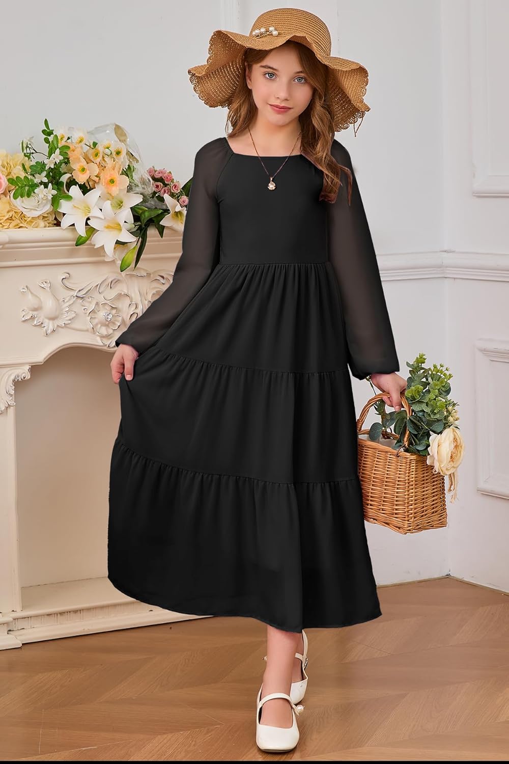 YOVION Girls Fall Long Sleeve Maxi Dress Chiffon A-Line Smocked Tiered Flowy Formal Wedding Guest Dresses for 6-12 Y - Image 6