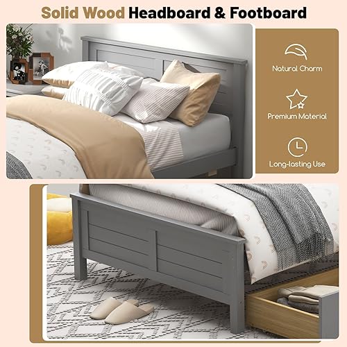 Miniatura 4 de GOFLAME Base de cama de tamaño individual con 2 cajones, cama de plataforma con cabecera y estribo de madera maciza, base de colchón de soporte de