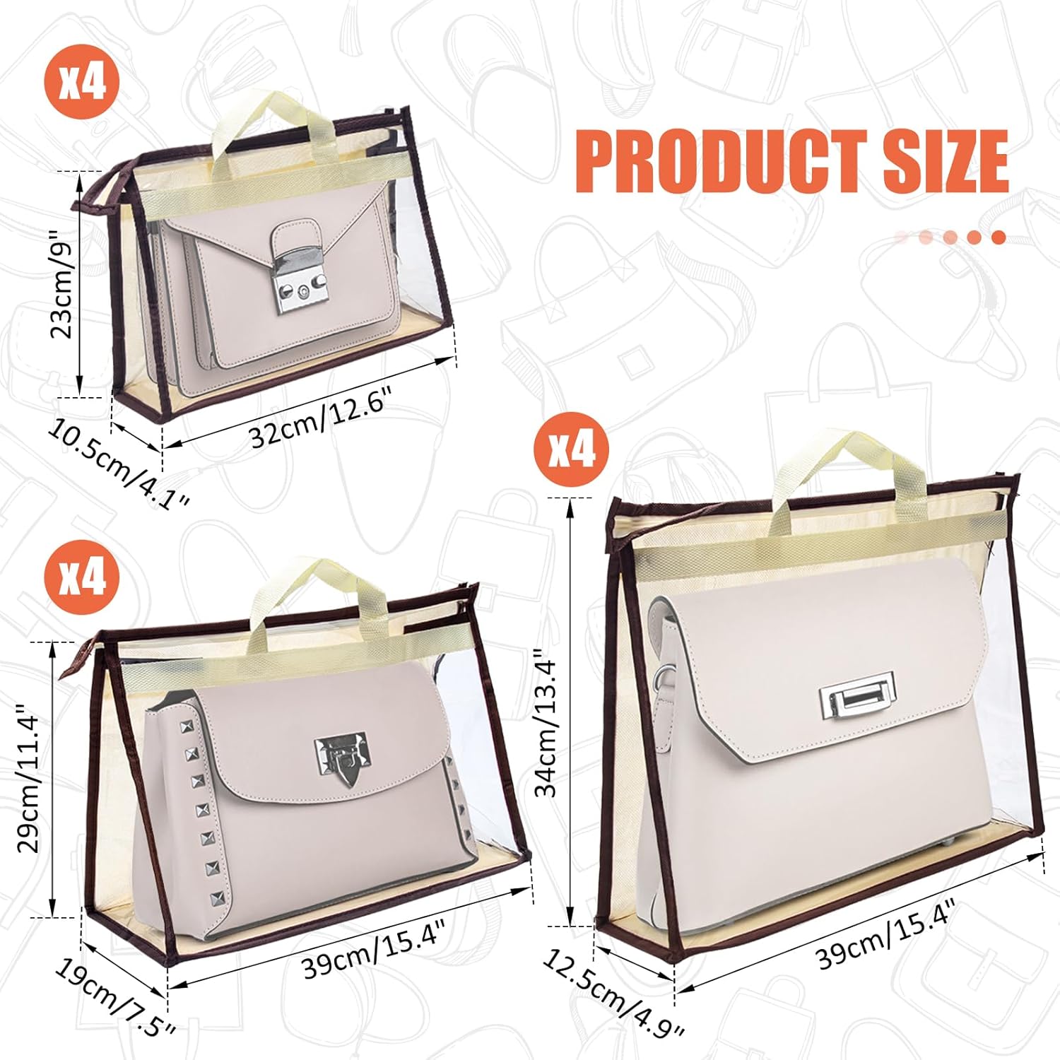 Hoedia 12pcs Dust Bags for Handbags,Clear Purse Storage Bags for Women,3 Size Purse Organizer Purse Cover Hanging Closet Organizer with Zipper (Beige)