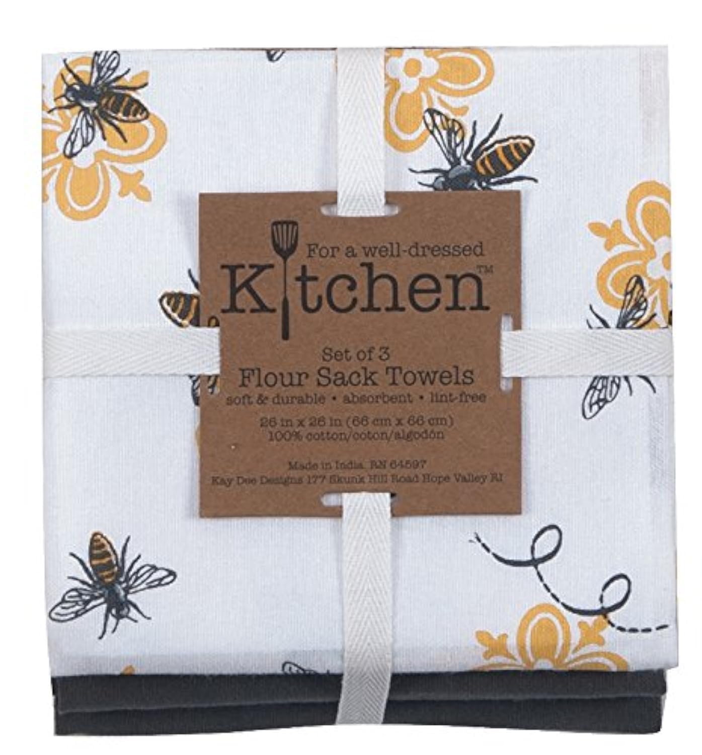 Kay Dee Designs 3-Piece Cotton Flour Sack Towel Set, 26 by 26-Inch, Queen Bee