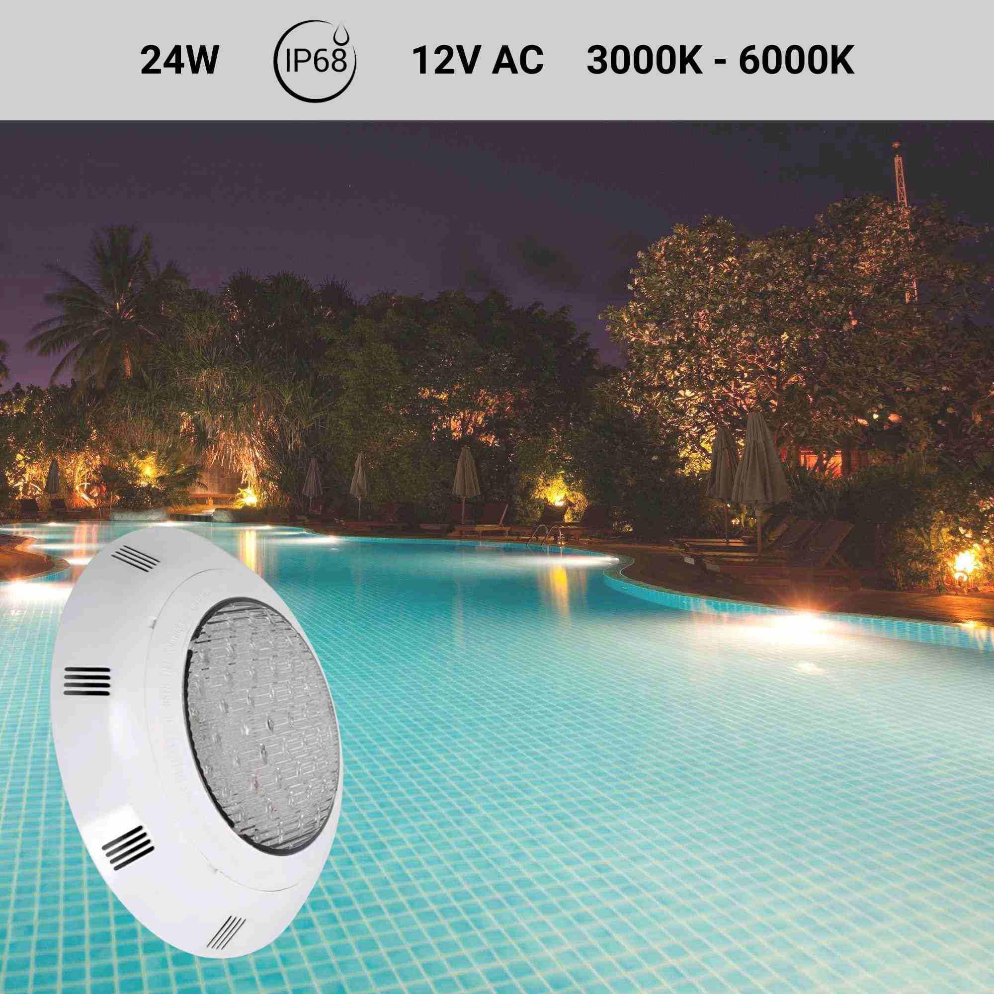 BARCELONA LED Foco LED para Piscina de Superfície 24W AC12V IP68 Submersível Luz Branca 6500K Ø295mm LED SMD2835 Ângulo 120° Foco Subaquático para Piscinas, Spa, Hotel, Jardim e Centros Desportivos