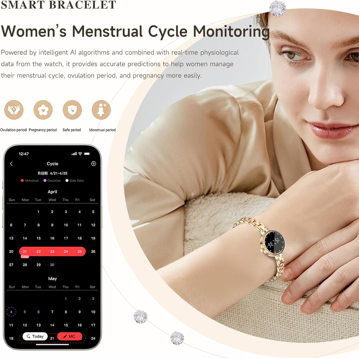 Smart Bracelet Smart Gold Watches for Women Elegant Round Jewelry Fitness Tracker with Heart Rate Monitor Sleep Tracker Step Counter Waterproof Slim Smartwatch with Notifications for IOS & Android
