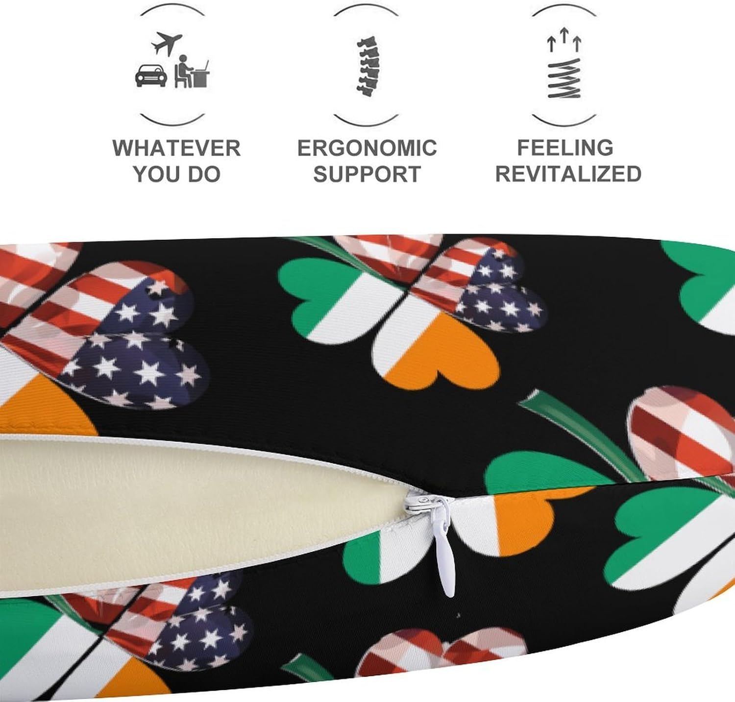Irish A-mericans Flag Shamrock Travel Pillow U Shape Neck Pillow Washable Pillowcase for Sleeping Chair