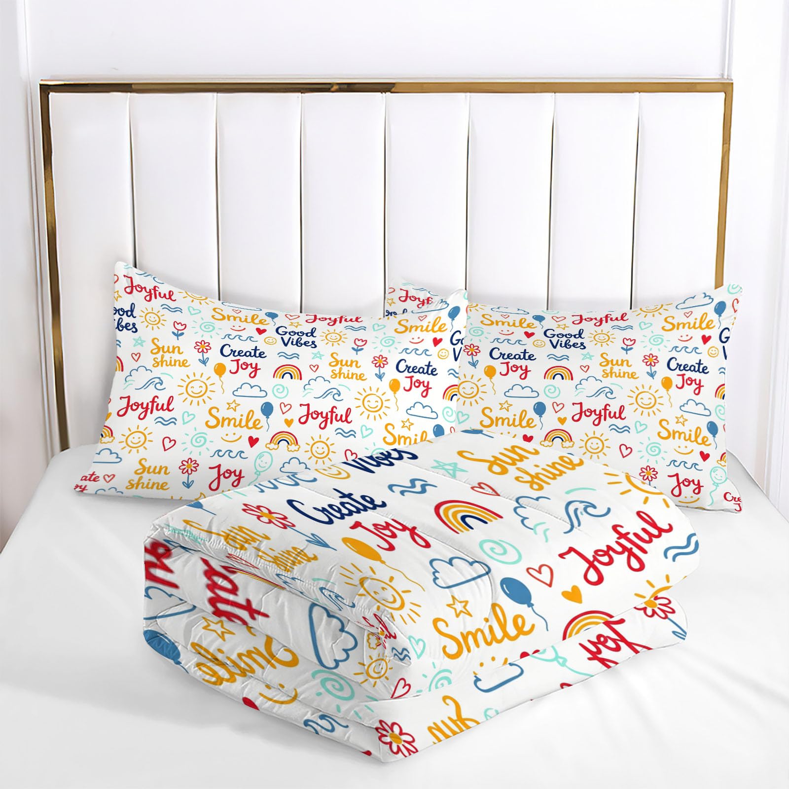 Citazioni Motivazionali Piumone Matrimoniale 200x200cm Reversibile Trapuntino Copriletto Leggera Graffiti Sole Nuvole Coperta Trapuntatura Morbido Alternativo in Piuma con Federe, Bianco