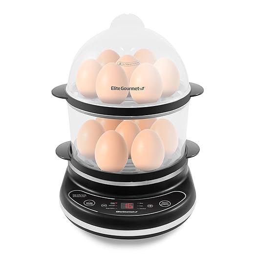 Elite Gourmet EGC314B Easy Egg Cooker Food Steamer, Rice Cooker, Poacher, Omelet & Soft, Medium, Hard-Boiled with Programmable Presets and Delay Timer, BPA Free, 14 eggs, Black