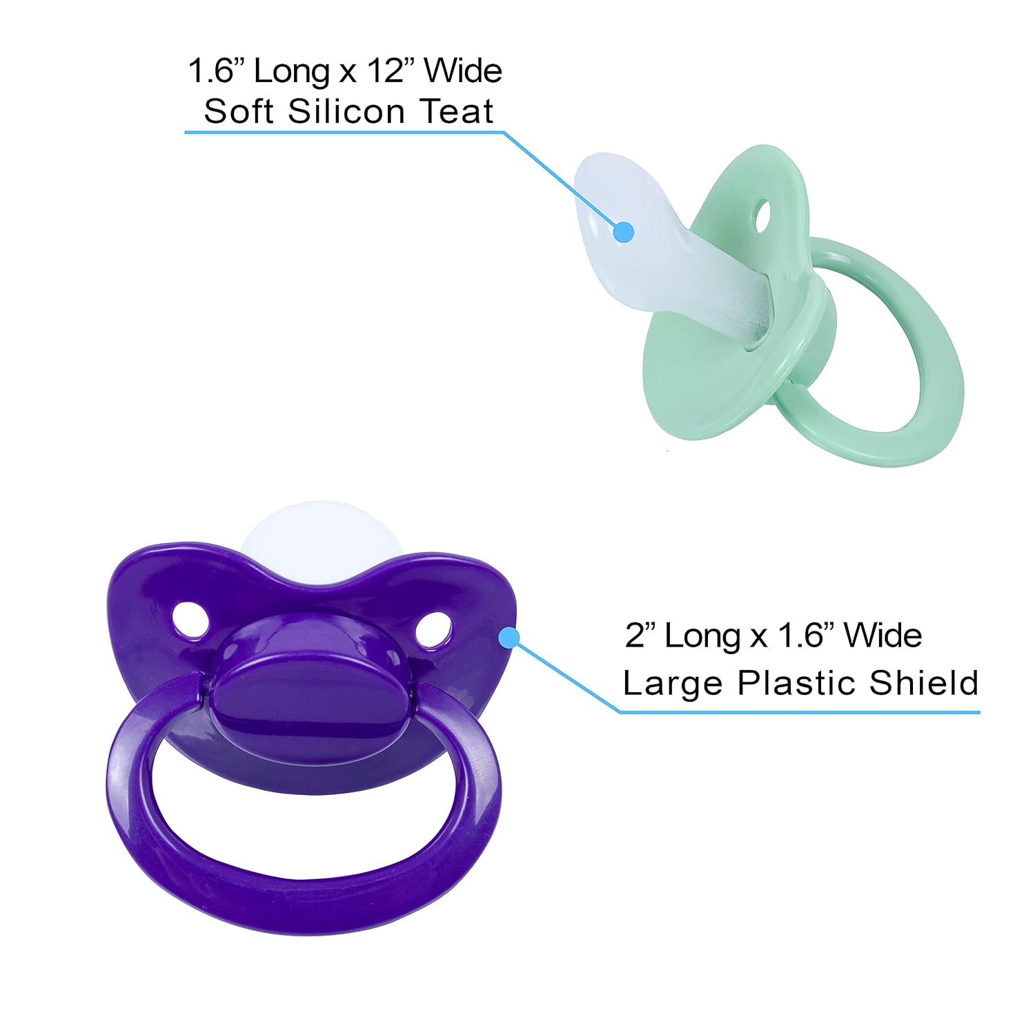 J&Or The Classic Original Adult Sized Pacifier Dummy - Three Color Pack - Mint Green | Dark Purple | Bright Yellow