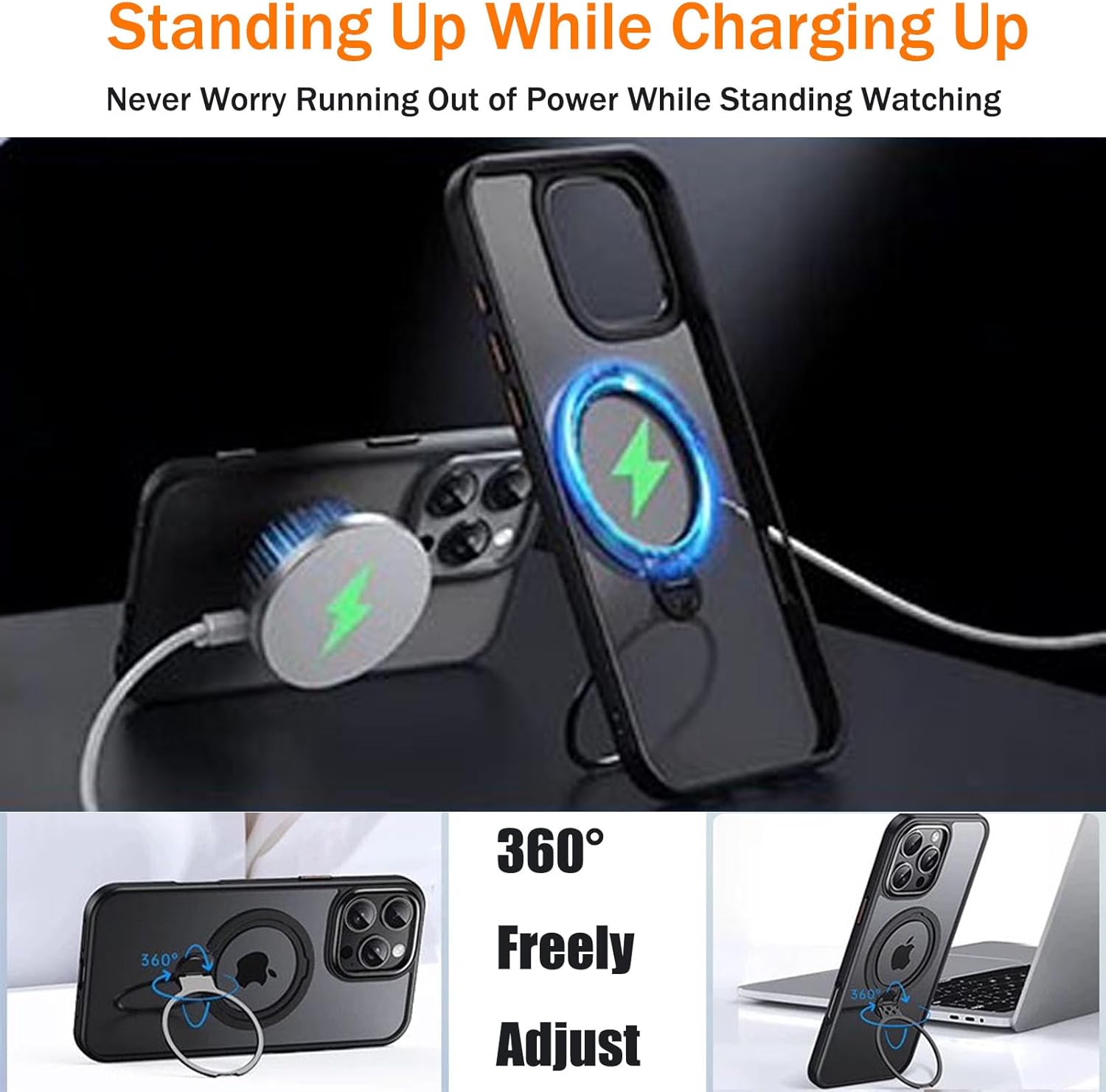 Dual 360°Spin Magnetic Stand & Magnetic Ring for iPhone 16 Pro Max Case [Compatible with MagSafe] [Dual Embeded Ring & Stand] [16FT Military Protection] Case for iPhone 16 ProMax, Black 6.9"
