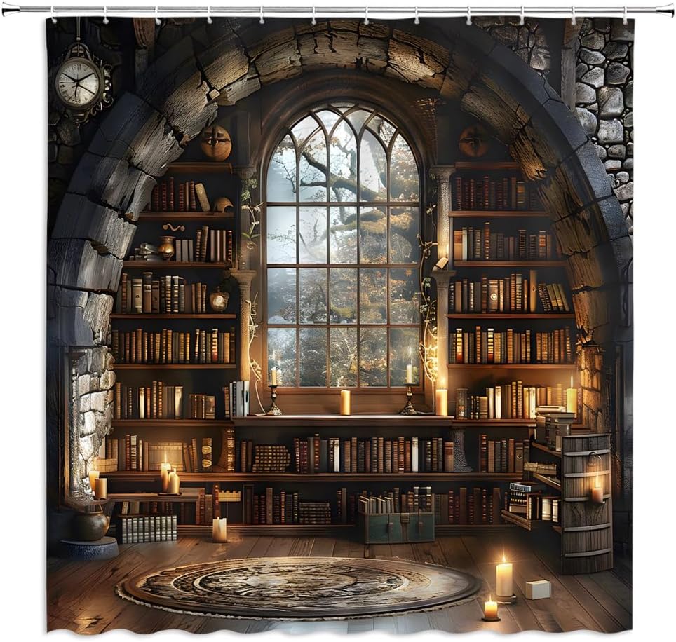 ZWSMZW Vintage Bookshelf Shower Curtain Gothic Castle
