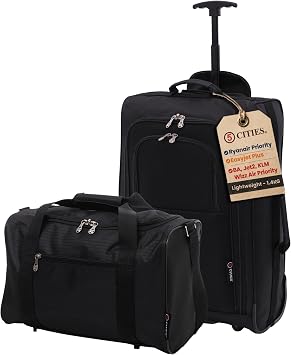 5 Cities 55cm Cabin Trolley Bag & 40x20x25 Underseat Bag for Ryanair Set | Fits Ryanair, 55x40x20 Trolley Bag + 40x20x25 Under Seat Holdall, Cabin Approved, Lightweight, Set of 2, Durable, Black