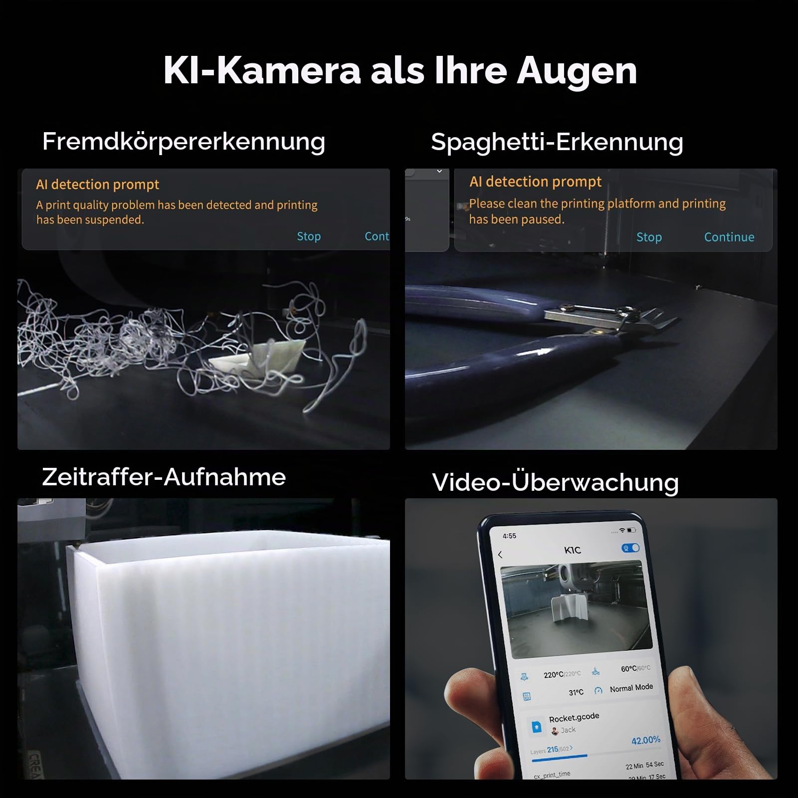 Creality K1C 3D-Drucker mit hoher Geschwindigkeit 600 mm/s, 3D Drucker mit Al Kamera, geeignet für 3D-Druck aus Kohlefaser, verstopfungsfreies Extruder, schnell austauschbare Tri-Metall-Düse, Kühltrio