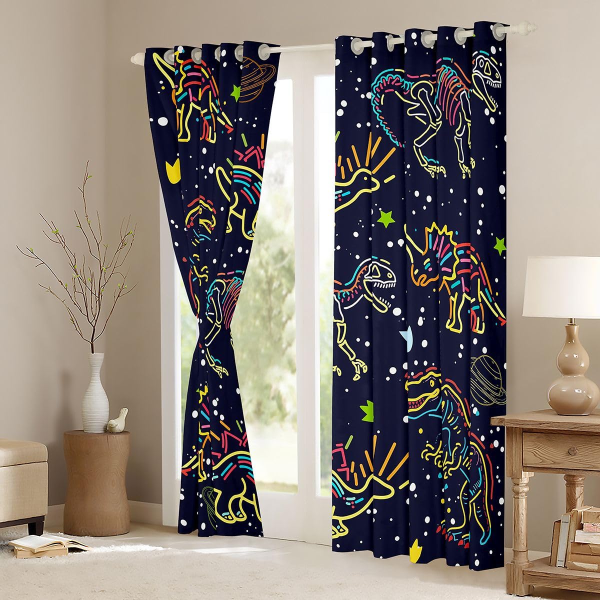 Homewish Rideau Occultant 117x183 cm Dinosaur,Rideau Ancient Animal,Rideaux Voilage Enfants Adolescents Mignon Neon Dinosaur,Voilage Fenetre Fluorescence Gradation pour Chambre Salon