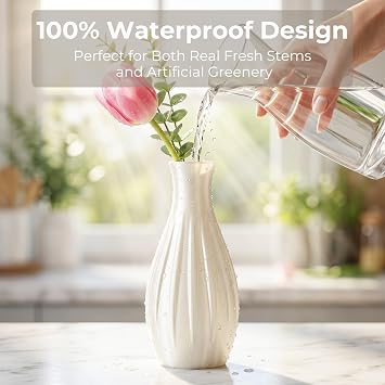 Drop-Resistant Plastic Vase with Fake Plants - Modern Farmhouse Decor Pottery Centerpiece - Small Vase for Living Room Coffee Table Bedroom Kitchen Shelf & Dining Gift