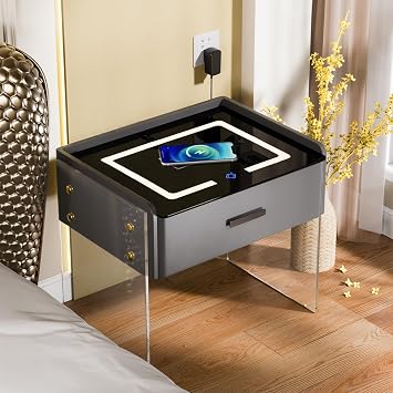 Smart Nightstand with Wireless Charging, Nightstand with Drawer, LED Nightstand, Bluetooth Speaker Side Table with Storage Drawers for Bedroom and Living Room Office.