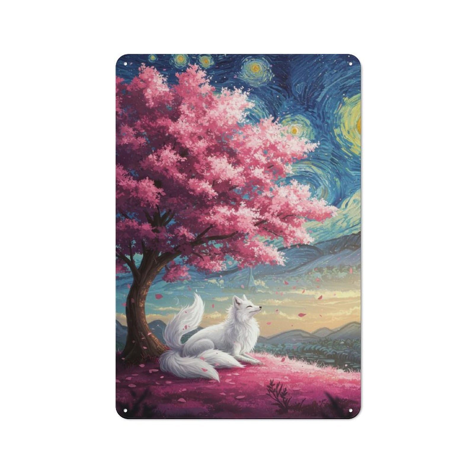 Junmoney Fox Under Cherry Blossom Tree Painting Tin Wall Plaque 30X20cm With For Pub Or Café, With Clear Vintage Wall Decor Character