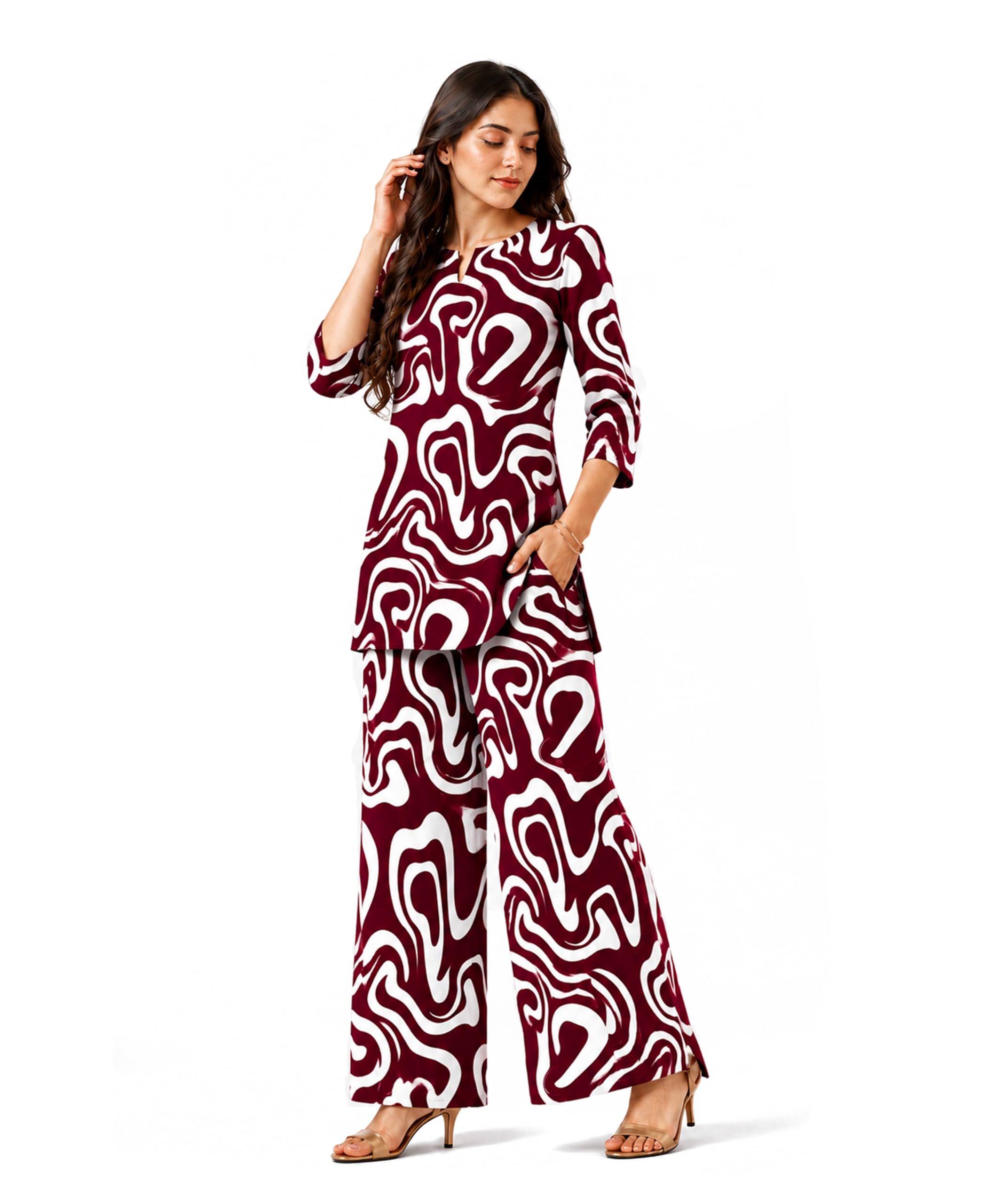 Mystic Curve Women's Maroon Abstract Printed Co-Ord Set | Premium Soft Rayon Matching Top & Wide Leg Pants-image-38