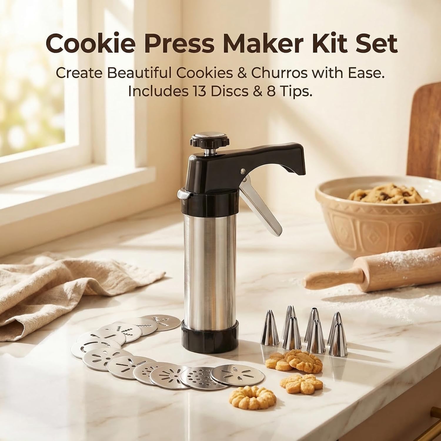 Cookie Press Kit, Stainless Steel Cookie Gun​ with 13 Discs & 8 Nozzles, Effortless Cookie Maker​ and Frosting Decorating Tool​ for Bakers
