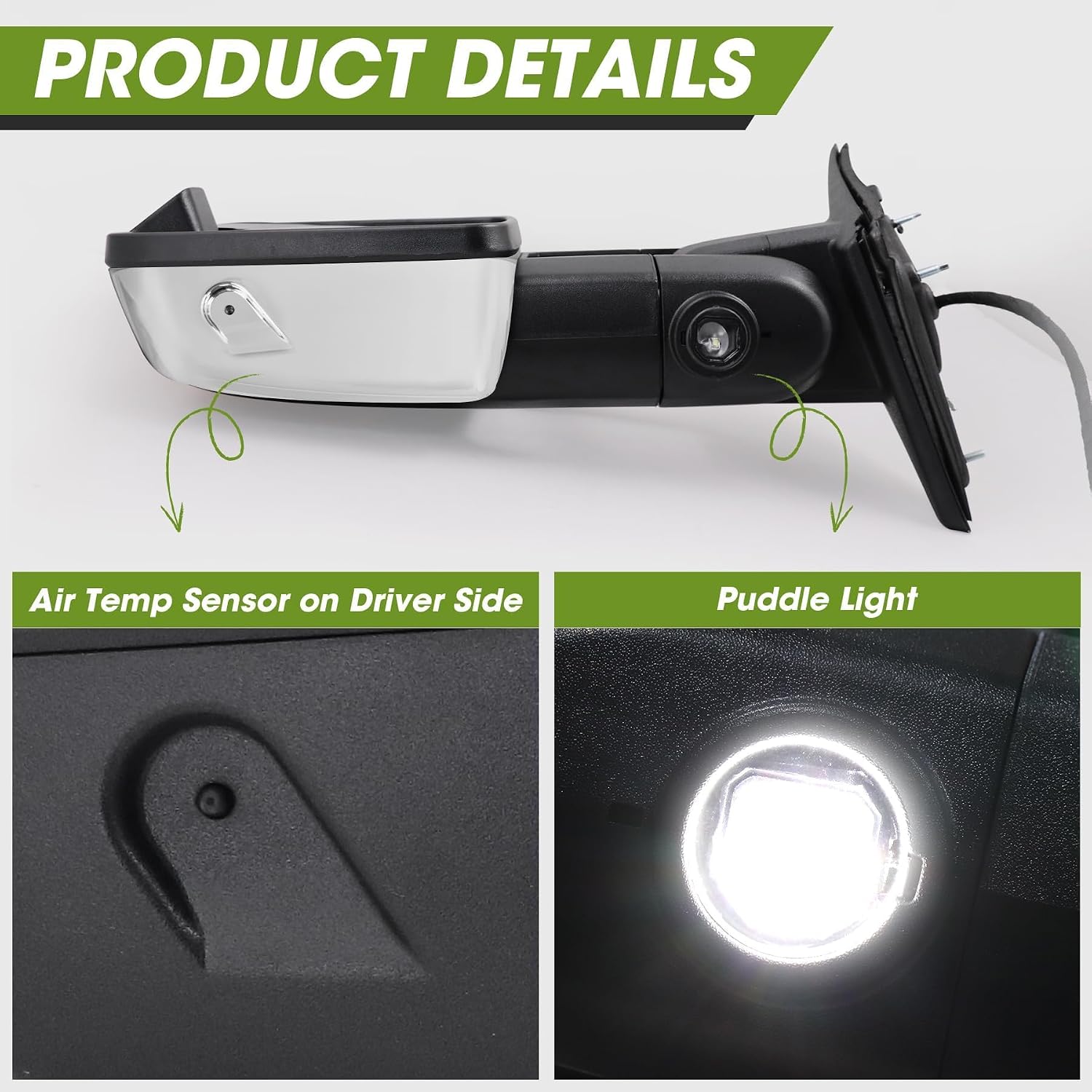 Switchback Towing Mirrors for 2009-2018 Dodge Ram 1500,2010-2018 Ram 2500 3500,1500 Classic 2019-2024 with Sequential Signal/Running/Backup/Puddle Lights Extendable Pair(Chrome)