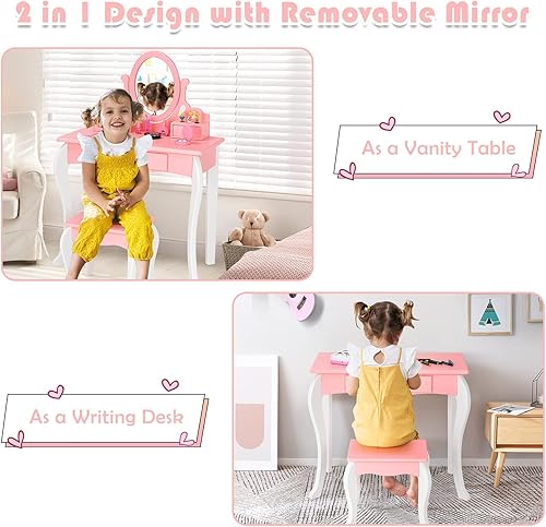 Miniatura 3 de HONEY JOY Juego de tocador y taburete para niños, juego de tocador para niños pequeños con 3 cajones, espejo ovalado giratorio de 360°, tocador de