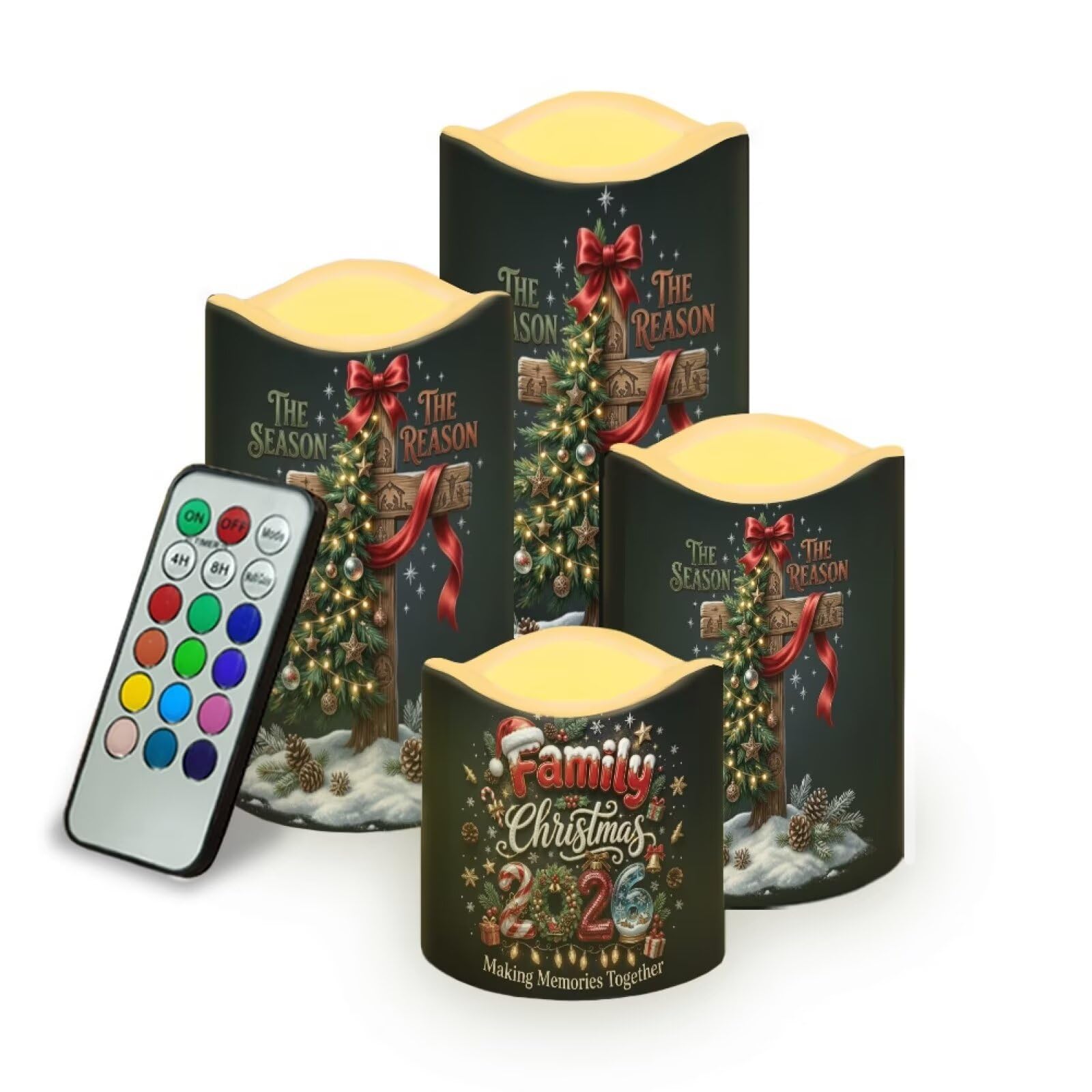 Christmas Cross Flameless Candles Set of 4 | Xmas Flameless Candles with Remote Control, Flickering LED Candles with Timer for host gift, Living Room decor