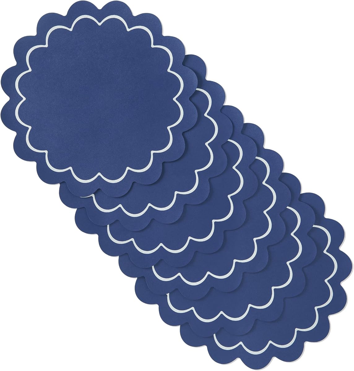 Juego de 6 manteles individuales reversibles redondos con borde festoneado, piel sintética con estampado metálico, resistente al agua, fácil de limpiar, azul marino/plateado, redondo de 15"