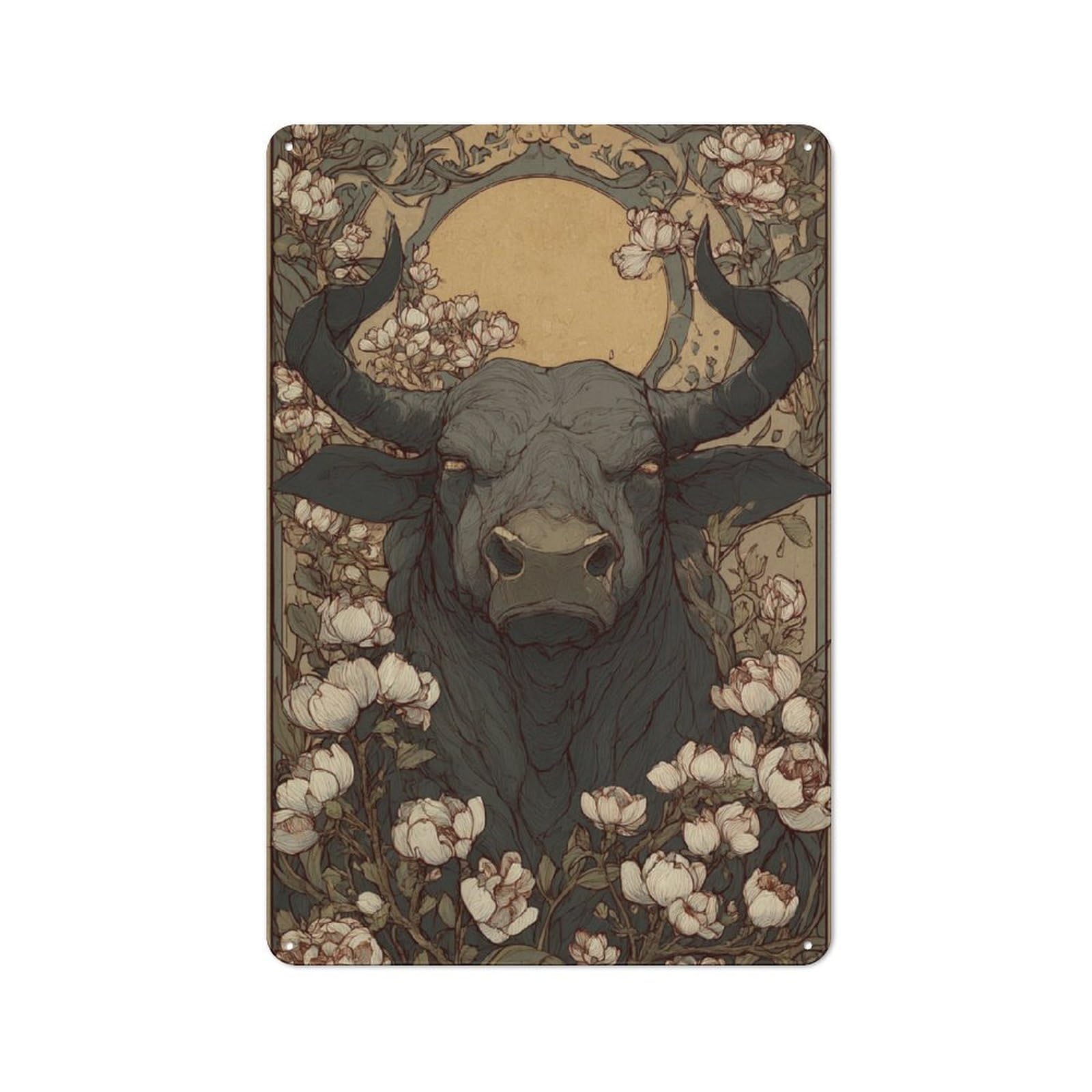 Junmoney Art Nouveau Bull & Flowers Rustic Metal Sign 30X20cm, Barn Style Farmhouse Wall Decor For Kitchen, Cottage, Porch Or Garden Room
