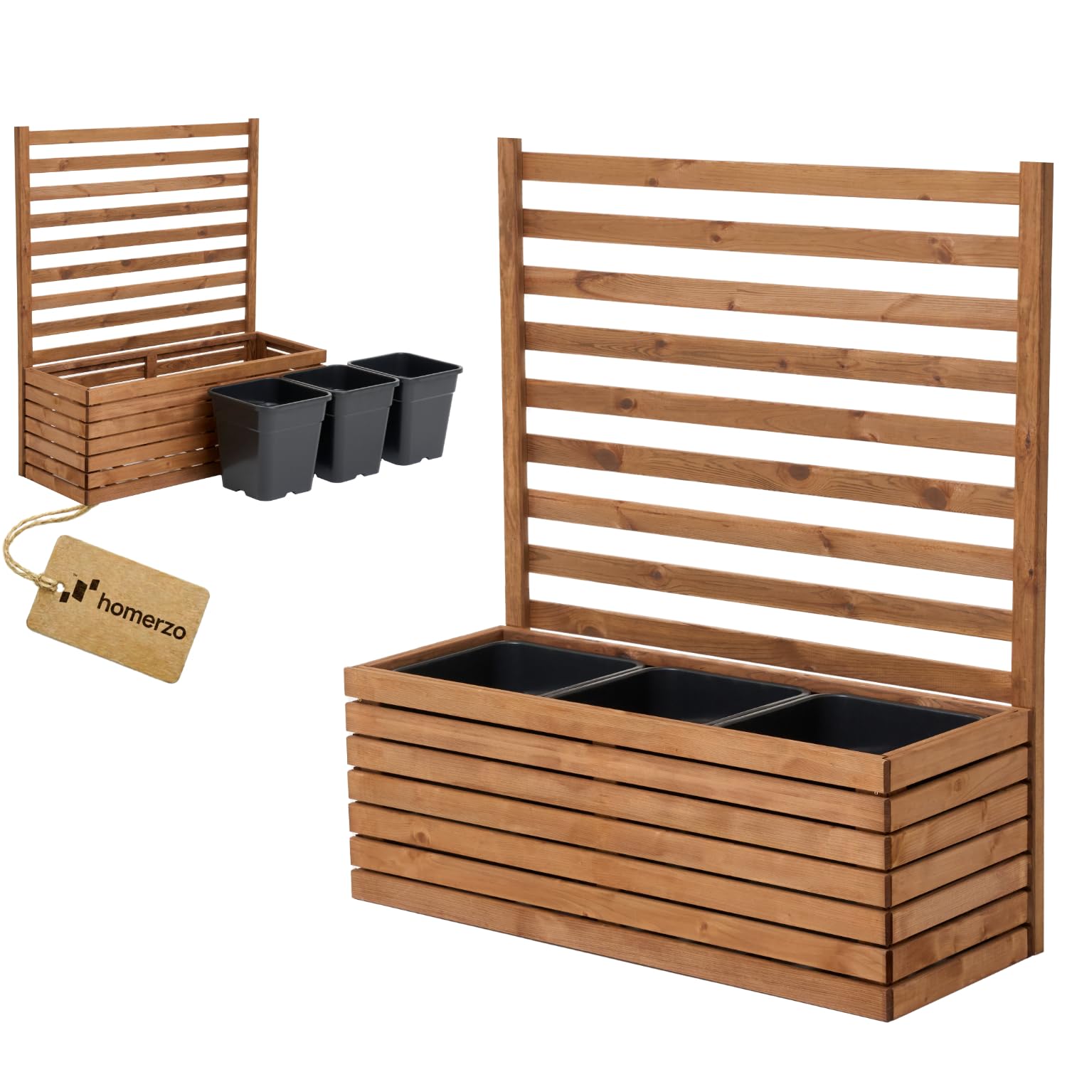 Pflanzkübel mit Rankgitter Spalier mit Pflanzkasten Blumenkasten aus Holz für Garten Balkon Terrasse Hochbeet mit 18L Kunststoff-Pflanzeneinsatz (horizontal-braun, 98x36x35 H115)