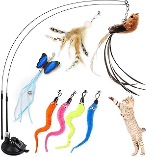 GIAPINST Cat Feather Toys, Interactive Cat Toys for Indoor Kitten Exerciting, 10PCS Incloude 1 Powerful Detachable Suction Cup, 2 Cat Wand, 7 Replaceable Teaser Toy with Bell