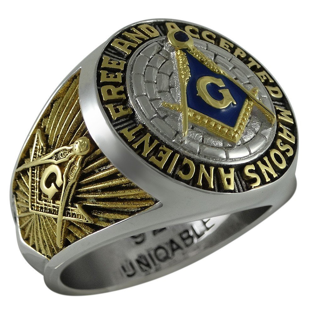 Ancient Free and Accepted Masons Masonic Sterling Silver 925 Mason 18k Gold Plated Freemason Ring KTR010
