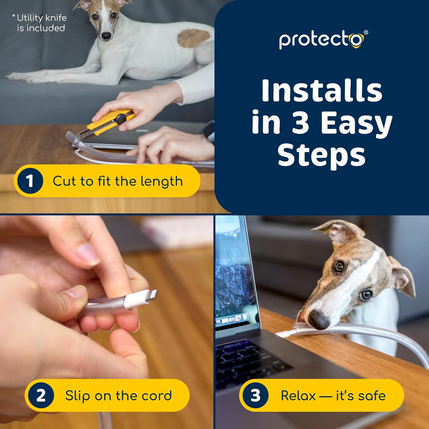 PROTECTO 2-Pack Heavy Duty Cord Protectors from Pets No Chew Solution, 10ft Easy to Use Dog & Cat Cord Protector, Clear & Odorless Critter Cord Cover for Pets, Power Audio Video Wire Protector Tubing