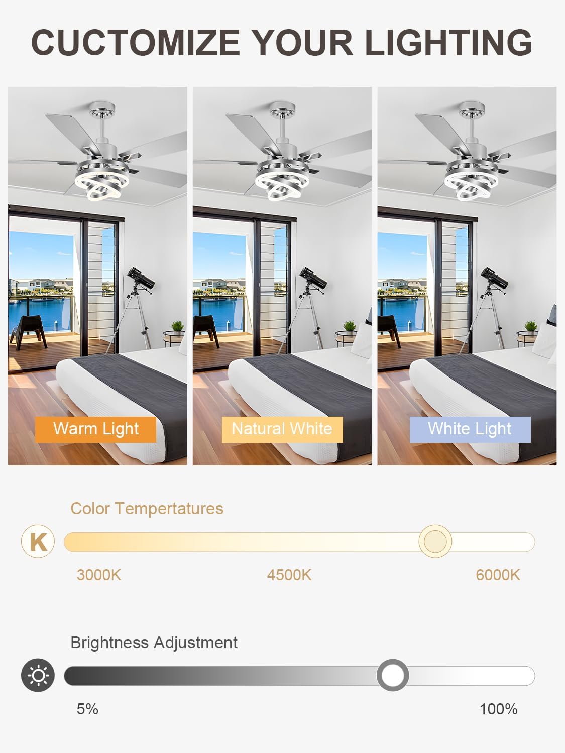 Bella Depot 52" Modern Ceiling Fan with Light, Metal Chandelier Fan with Remote, Rustic Indoor Fandelier with DC Motor for Dining Living Room Bedroom(Chrome)