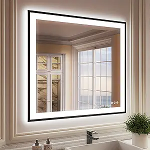 ISKM Framed LED Mirror for Bathroom 40"x36", Dimmable LED Bathroom Mirror with Lights, Anti-Fog, Front and Backlit Lighted Mirror 3-Colors, Shatterproof, Memory Function
