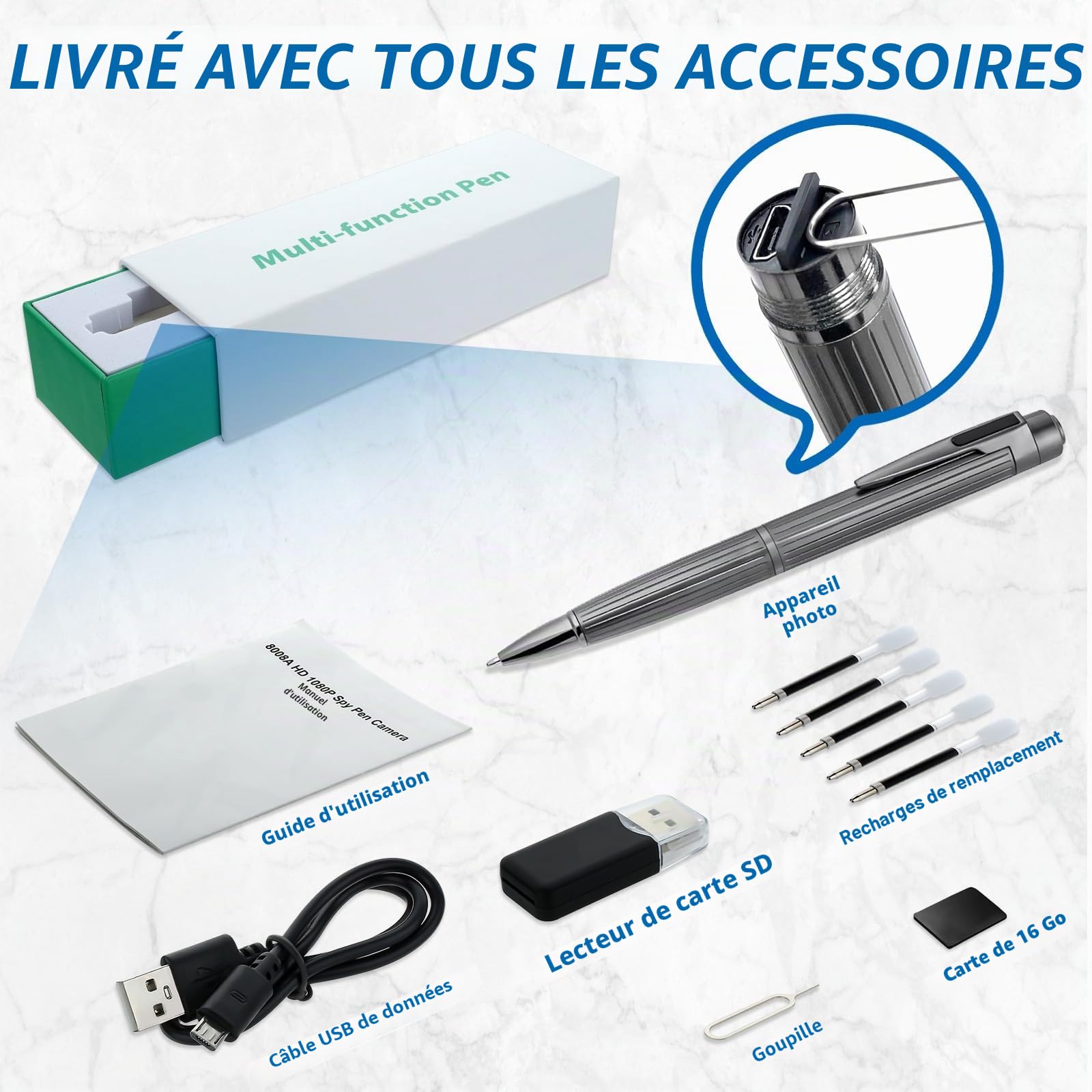 OTADUG Caméra Stylo Espion, caméra cachée 1080P de 16 Go avec Surveillance des mouvements, Enregistrement vidéo et Audio
