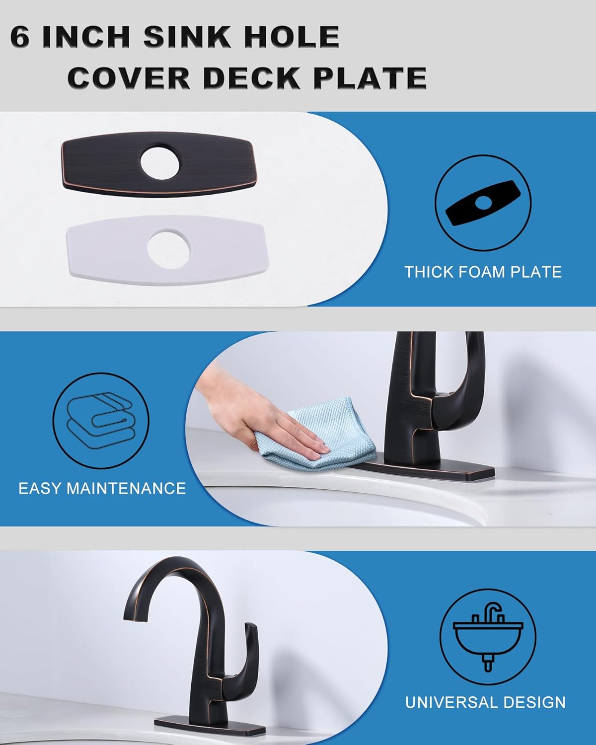 Bathroom Sink Hole Cover 6": 3 Hole Faucet Plate Cover Oil Rubbed Bronze - Stainless Steel Sink Faucet Hole Cover - 4" Hole Cover Deck Plate Escutcheon for 1 or 3 Hole Bathroom Vanity Basin