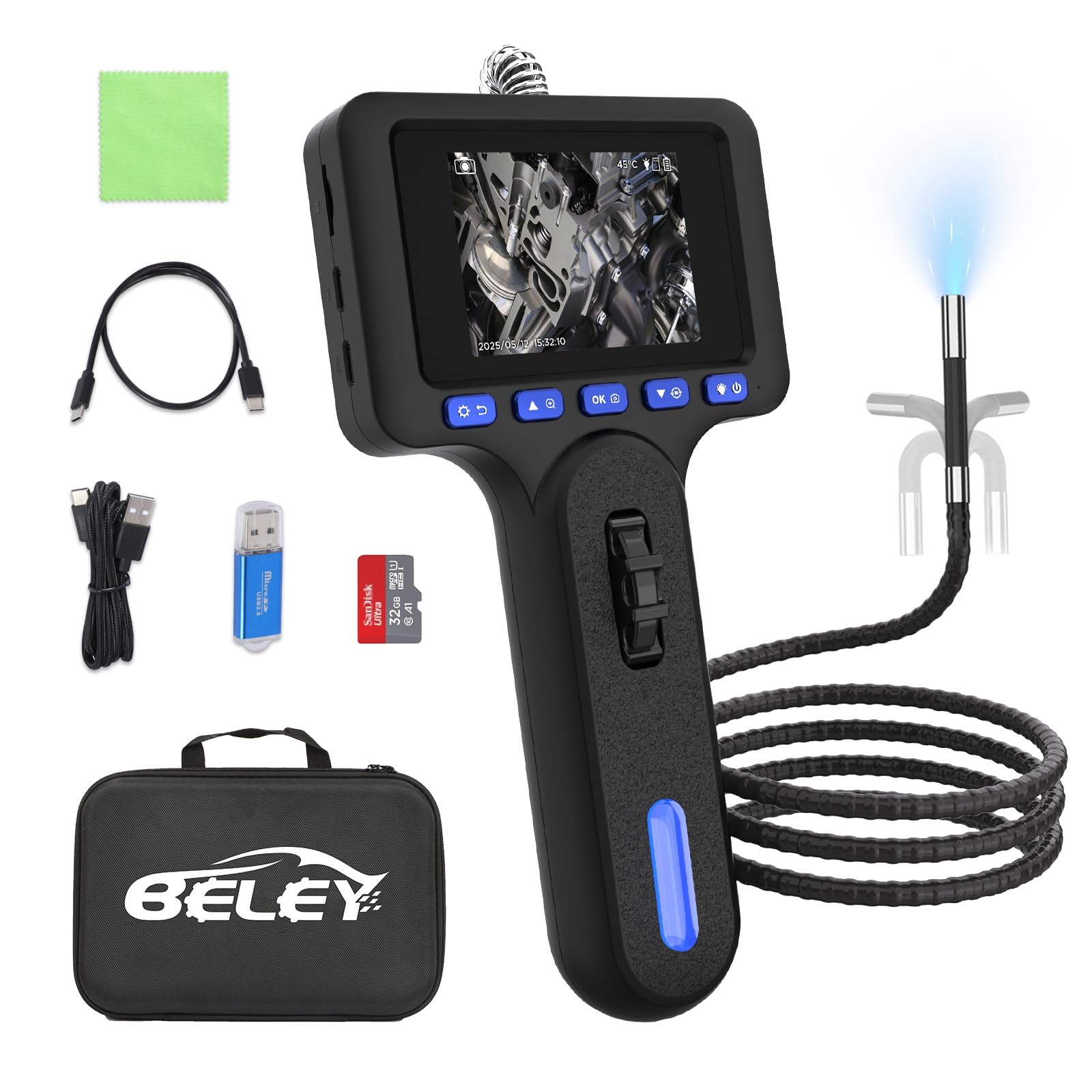 BELEY Cámara Endoscópica con luz, Endoscopio Camara de Inspeccion 1080P con Iluminación LED de 4 Niveles, Cabeza Móvil 210° IP67 Resistente al Agua, Tarjeta de Memoria de 32 GB, Sonda de 1m