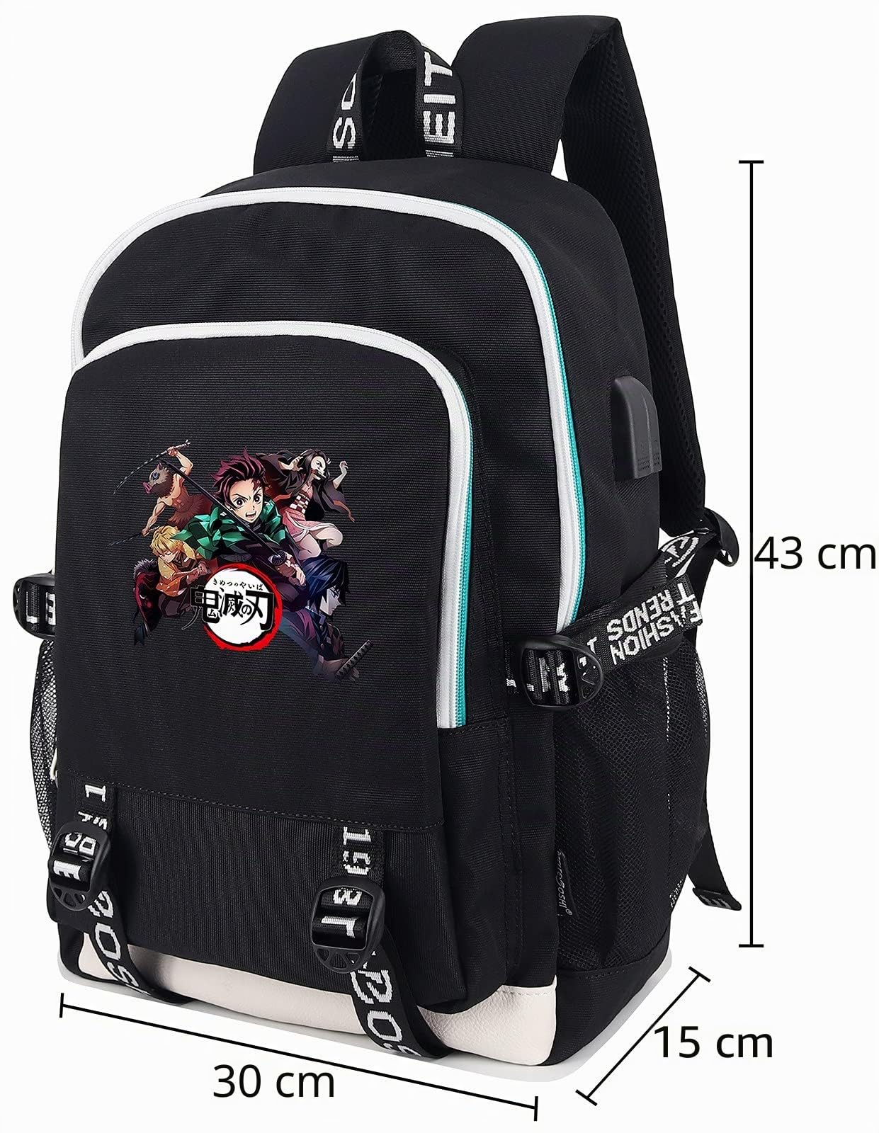 Roffatide Anime Demon Slayer Sac à Dos Garçons Imprimé Cartable Sac À Dos Pour Ordinateur Portable avec Port de Charge USB et Casque Noir
