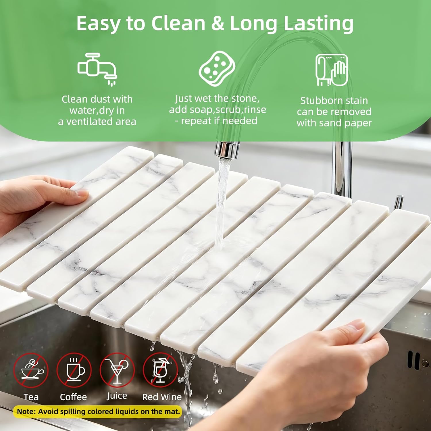 Large Stone Dish Drying Mat for Kitchen Counter, 24"×16" Foldable Quick Drying Mat, Absorbent Diatomaceous Earth Drying Mat for Bottles Cups Dishes, Match Any Countertop (White Marble, 24" x 16")