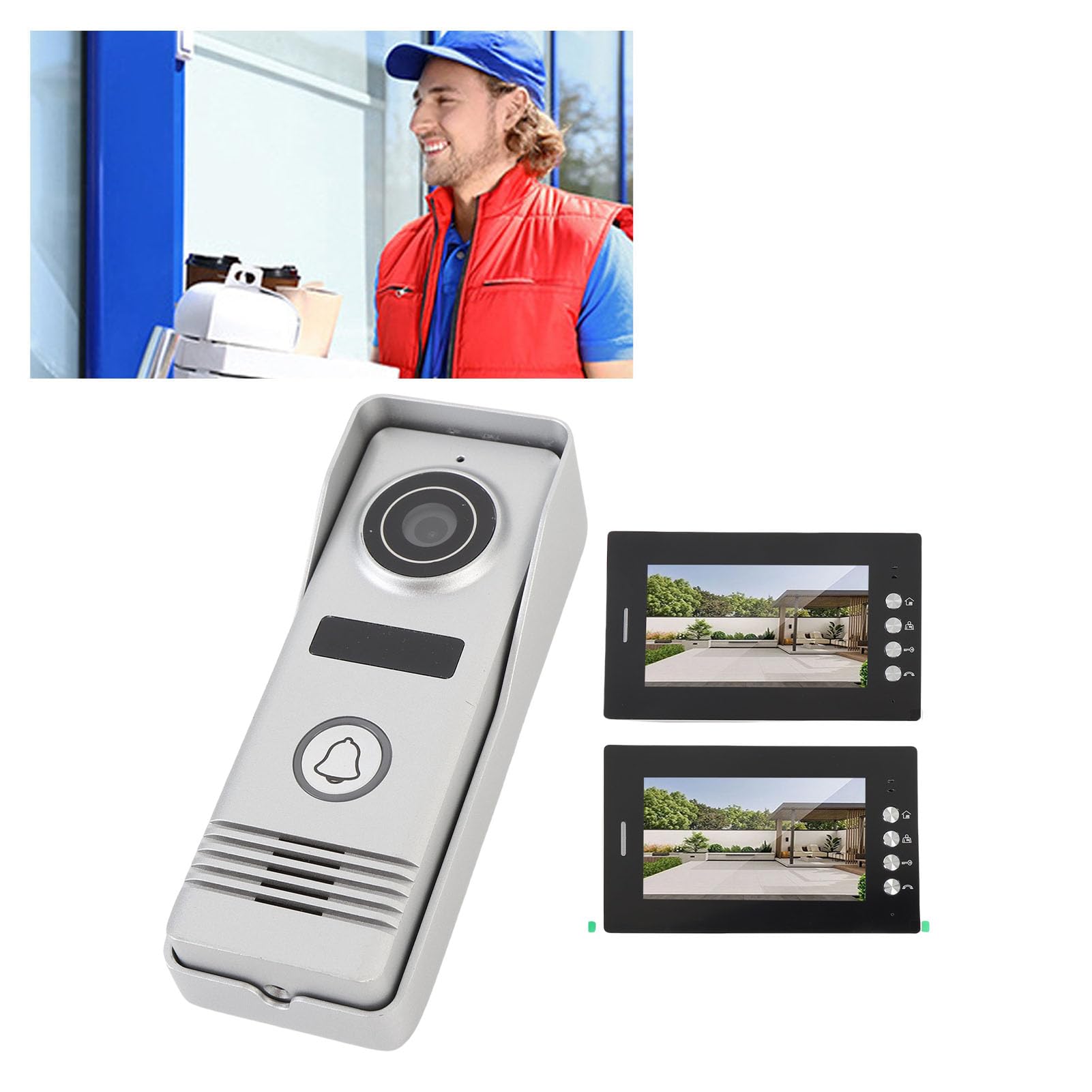 Videocitofono Wireless, Videocitofono Citofono di Sicurezza Domestica, Doppio Schermo HD da 7 Pollici, Doppie unità Interne, Telecamera Grandangolare 120°, Segnale Stabile (Spina europea)
