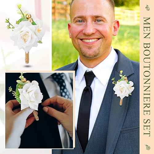 Miniatura 4 de Sherr Juego de 20 ramilletes de rosas y boutonnier de flores para muñeca, pulsera para boda, novio, hombre, flor de mano para ramos de boda,