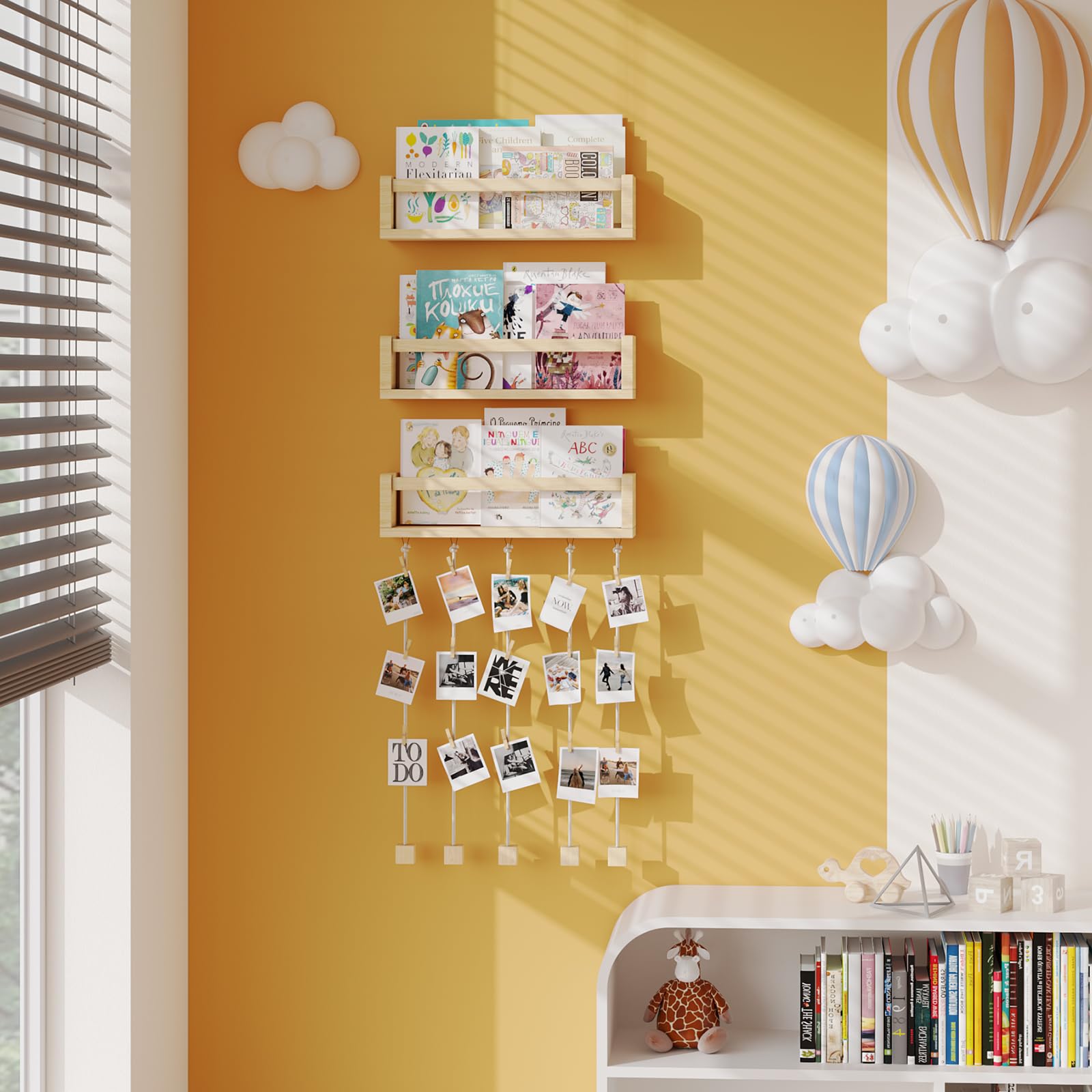 BBLIKE Étagère Murale Enfant Lot de 3-42cm Étagère Livre Enfant avec Affichage à Suspendre pour Photos, Bois Bibliothèque Enfant, Étagère Flottante Chambre Enfant pour d'enfant Salle de Jeux