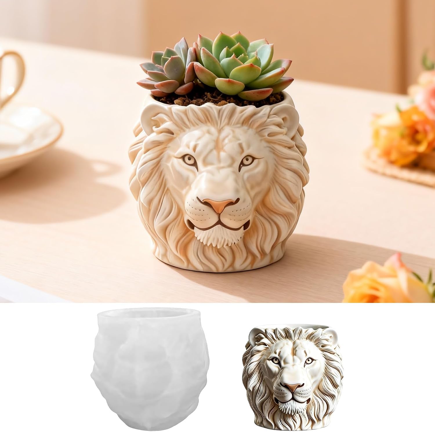 Lion Flower Pot Silicone Resin Mold, 3D Animal Epoxy Resin Casting Planter Pot Molds, Candle Holder Mold, Concrete Cement Clay Plaster Mold for Home Decor, Pen Holder Jewelry Container Vessels Mould