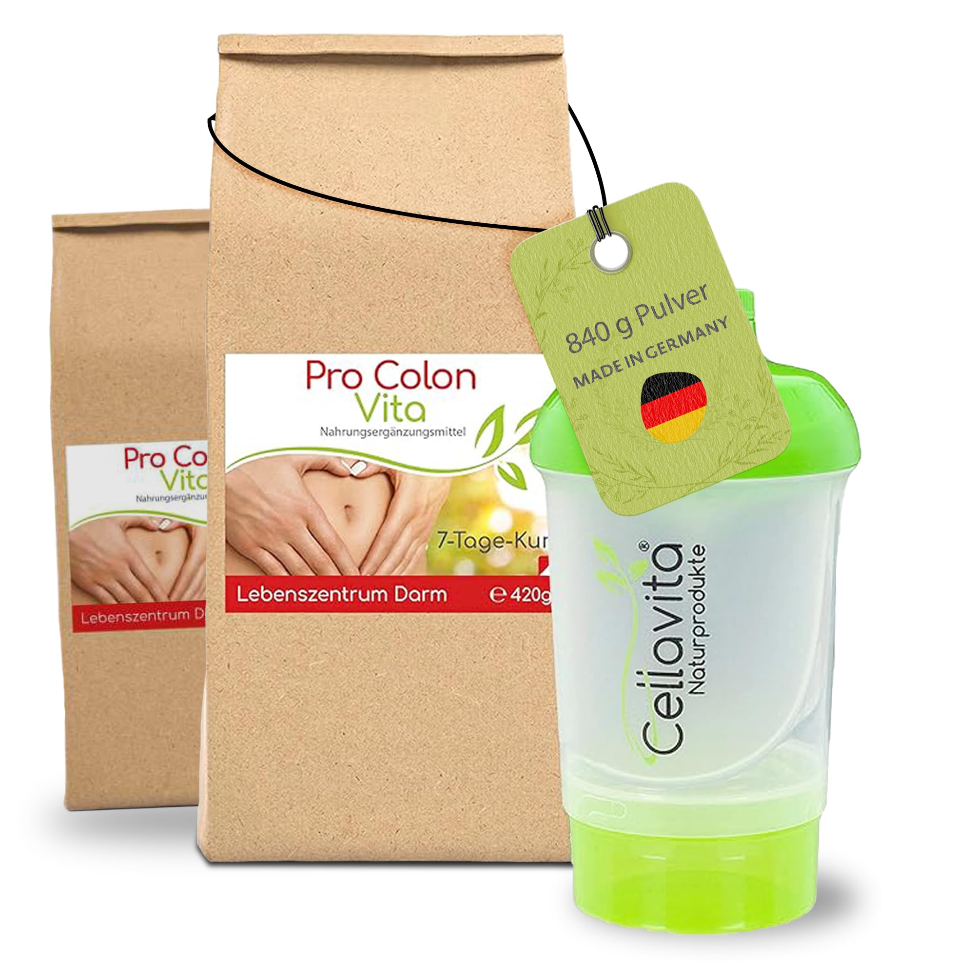 Cellavita Pro Colon Vita "Lebenszentrum Darm" Kur | inkl. Shaker | Flohsamenschalen, Erbsenprotein, Cassia-Fistulapulver uvm. | hochdosiert & VEGAN | 2-Wochen Kur 2x 420g Pulver (840g)