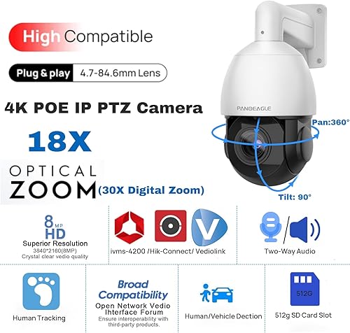 Miniatura 2 de Cámara IP de domo de velocidad PoE PTZ de 4K 8MP con seguimiento automático y audio de 2 vías, inclinación panorámica 18X, zoom óptico 30x,